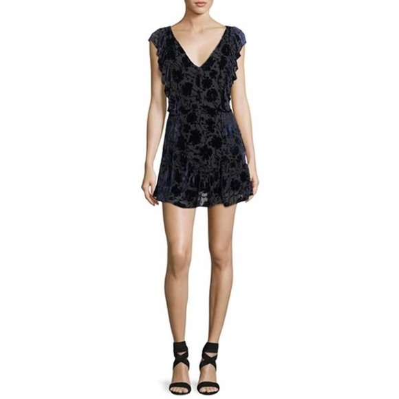 LoveShackFancy Alanis V-Neck Burnout Blue Velvet Ruffle Mini Dress Blue Size 6 - Picture 1 of 9